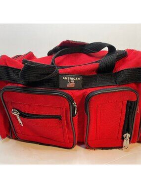 American Uni travel duffle bag 18" x 9" x 10" tall shoulder strap gym red black